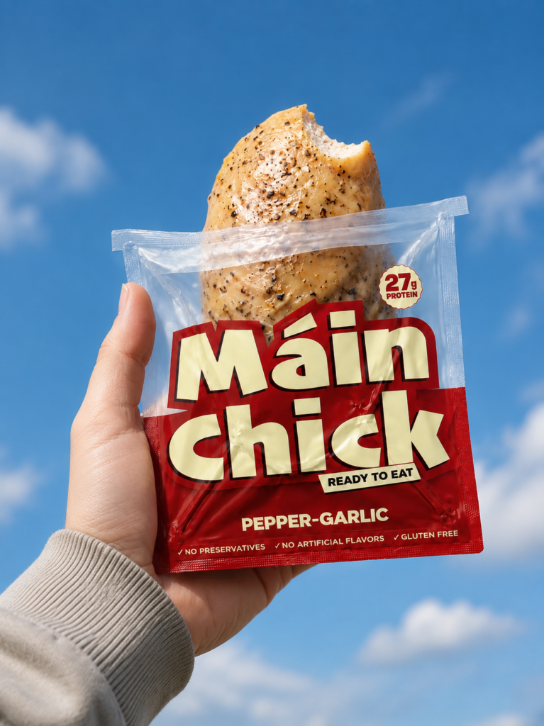 Hand holding MAINCHICK Pepper-Garlic ready-to-eat chicken pack against blue sky