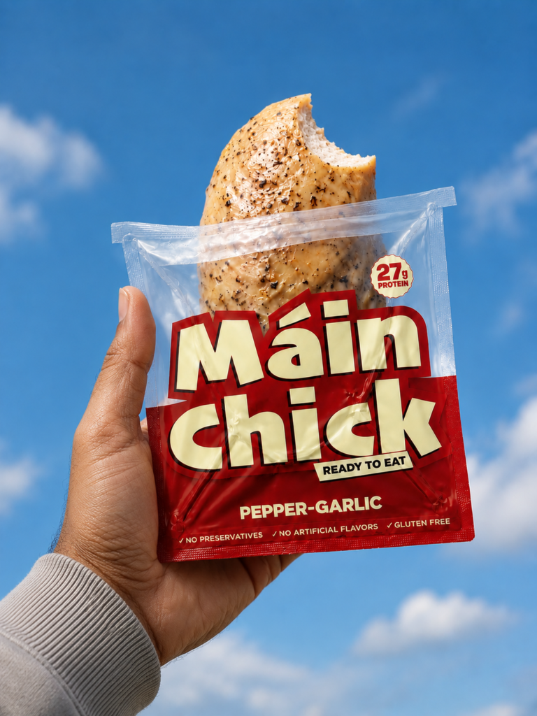 Hand holding a Máin Chick Pepper-Garlic ready-to-eat sous-vide chicken pack against a blue sky